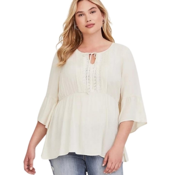 torrid Tops - TORRID Ivory Flare Bell Sleeve Pleated Embroidered Top 1 (1X)
